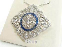 Dames Art Déco Style Sterling 925 Argent Bleu Blanc Collier Saphir / Broch