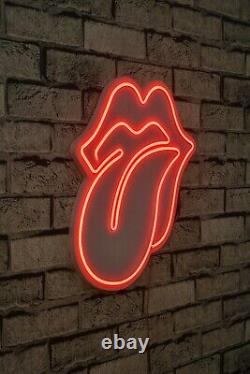 Décor mural en néon des Rolling Stones avec langue rouge, lumière LED, art musical et lèvres rouges en néon LED