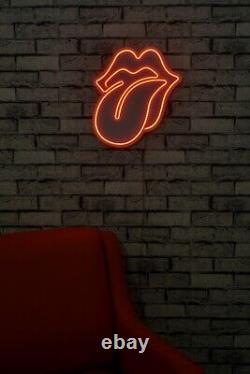 Décor mural en néon des Rolling Stones avec langue rouge, lumière LED, art musical et lèvres rouges en néon LED