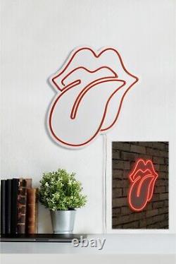 Décor mural en néon des Rolling Stones avec langue rouge, lumière LED, art musical et lèvres rouges en néon LED