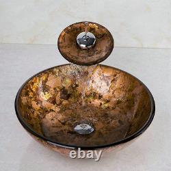 Évier vasque en verre trempé pour salle de bain, forme ovale/ronde, sur plan de travail avec robinet chromé.
