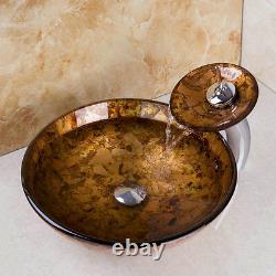 Évier vasque en verre trempé pour salle de bain, forme ovale/ronde, sur plan de travail avec robinet chromé.