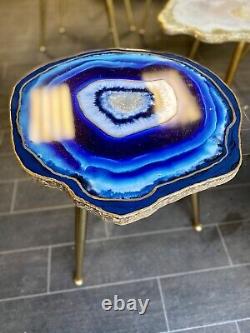 Geode Resin Table Basse Bleu Turquoise Quartz Table Basse Culotte En Métal Doré