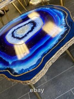 Geode Resin Table Basse Bleu Turquoise Quartz Table Basse Culotte En Métal Doré