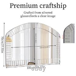 Grand miroir mural arqué en argent avec verre biseauté, miroir de cheminée style fenêtre