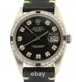 Homme Vintage Rolex Oyster Perpetual Date 34mm Cadran Noir Diamond Montre En Acier Inoxydable