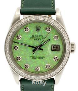 Homme Vintage Rolex Oyster Perpetual Date 34mm Green Opal Cadran Diamant Inoxydable
