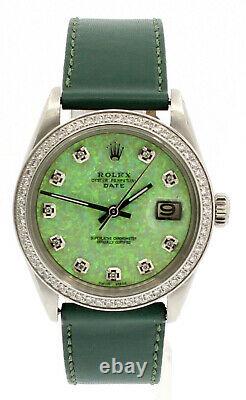 Homme Vintage Rolex Oyster Perpetual Date 34mm Green Opal Cadran Diamant Inoxydable