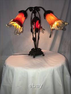 Lampe De Table En Fer Forgé À La Main De Style Art Déco 3 Nuances De Verre Blown Rouge/bleu