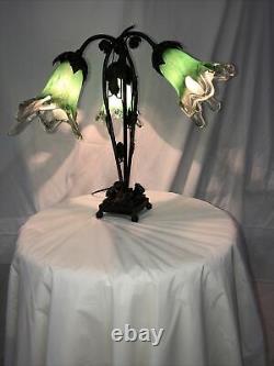 Lampe De Table En Fer Forgé De Style Art Déco À La Main 3 Nuances De Verre Blown Vert