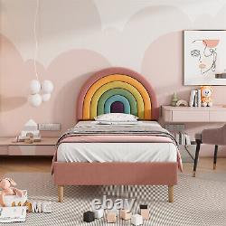Lit simple rembourré de 3 pieds avec cadre de lit à lattes et tête de lit arc-en-ciel rose