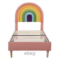Lit simple rembourré de 3 pieds avec cadre de lit à lattes et tête de lit arc-en-ciel rose