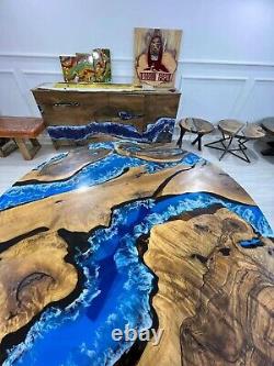 Mappa Burl Blue Resin River Epoxy Table Top Salle À Manger Hallway Decor Interior Table