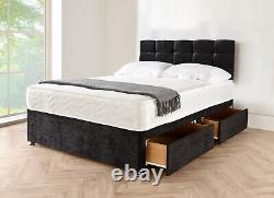 Matelas de lit Divan avec tête de lit et tiroirs en chenille noire 2ft6 3ft 4ft 4ft6 5ft 6ft