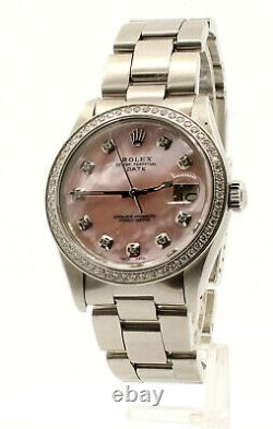 Mens Rolex Oyster Perpetual Date De 34mm Rose Mop Dial Diamond Watch Inoxydable