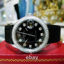 Mens Vintage Rolex Oyster Perpetual Date 34mm Black Dial Diamond Bezel Watch