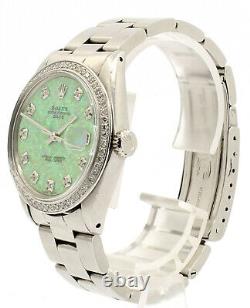 Mens Vintage Rolex Oyster Perpetual Date 34mm Green Opal Dial Diamond Inoxydable