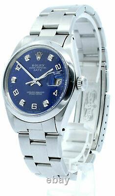 Mens Vintage Rolex Oyster Perpetual Date 34mm Navy Blue Color Dial Diamond Watch