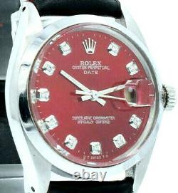 Mens Vintage Rolex Oyster Perpetual Date 34mm Red Dial Diamond Stainless Watch