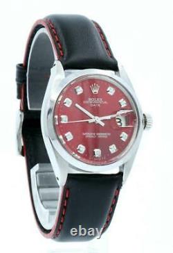 Mens Vintage Rolex Oyster Perpetual Date 34mm Red Dial Diamond Stainless Watch