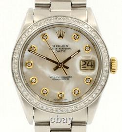 Mens Vintage Rolex Oyster Perpetual Date 34mm White Mop Dial Diamond Steel Watch