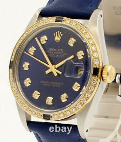 Mens Vintage Rolex Oyster Perpetual Datejust 36mm Blue Diamond Dial Watch