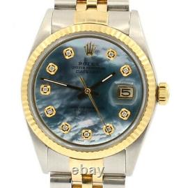 Mens Vintage Rolex Oyster Perpetual Datejust 36mm Blue Mop Diamond Dial Watch