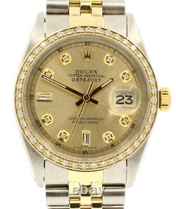 Mens Vintage Rolex Oyster Perpetual Datejust 36mm Gold Dial Diamond Bezel Watch