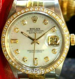 Mens Vintage Rolex Oyster Perpetual Datejust 36mm Mop Diamant Or Cadran