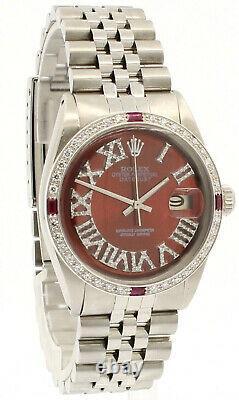 Mens Vintage Rolex Oyster Perpetual Datejust 36mm Red Roman Dial Diamond Watch
