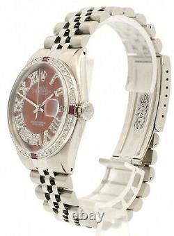 Mens Vintage Rolex Oyster Perpetual Datejust 36mm Red Roman Dial Diamond Watch