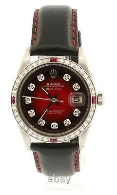 Mens Vintage Rolex Oyster Perpetual Datejust 36mm Red Vignette Diamond Watch