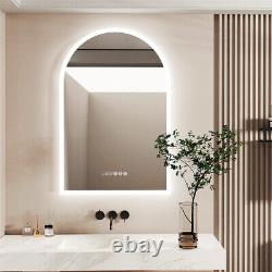 Miroir de salle de bain LED en forme d'arc vertical éclairé, sans cadre avec horloge