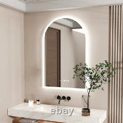 Miroir de salle de bain LED en forme d'arc vertical éclairé, sans cadre avec horloge