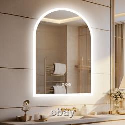 Miroir de salle de bain LED en forme d'arc vertical éclairé, sans cadre avec horloge