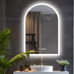 Miroir de salle de bain LED en forme d'arc vertical éclairé, sans cadre avec horloge