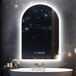 Miroir de salle de bain LED en forme d'arc vertical éclairé, sans cadre avec horloge