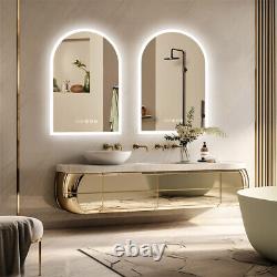 Miroir de salle de bain LED en forme d'arc vertical éclairé, sans cadre avec horloge