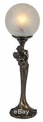 Pair / Art Deco / Nouveau Lampes De Table 44.5cm Amoureux Figurines Abat-jour En Verre + Ampoules