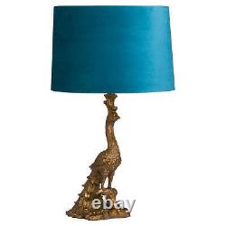 Peacock Lampe De Table Teal Velvet Shade Vieilli Or Antique Laiton Déco Lumière 65cm