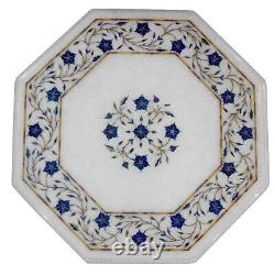Plateau de table basse en marbre blanc avec marqueterie florale en lapis-lazuli, art décoratif pour la maison, W209