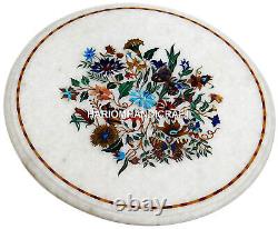 Plateau de table basse ronde en marbre blanc incrusté de mosaïque florale en pierres semi-précieuses H2974