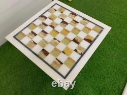 Plateau de table d'échecs en marbre fait à la main avec incrustations de mosaïque en pierres semi-précieuses, jeu d'échecs