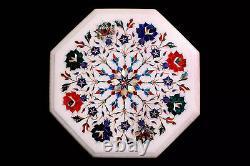 Plateau de table en marbre blanc Octagon 12 incrusté d'arts floraux de luxe en Pietra Dura Déco