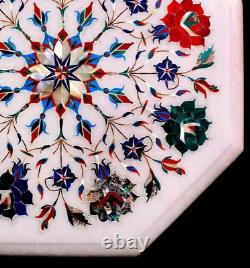 Plateau de table en marbre blanc Octagon 12 incrusté d'arts floraux de luxe en Pietra Dura Déco