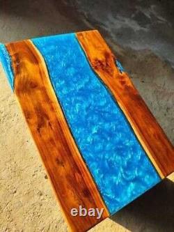 Plateaux de table à manger en résine époxy bleue, meubles faits main, décoration de table en bois époxy