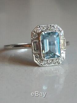 Platinum Style Art Déco Aquamarine & Diamond Ring 1ct Aqua + 0.20ct Diamant