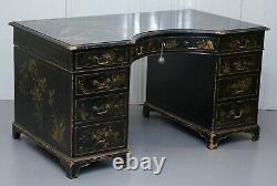Rare Victorian Chinoiserie Japanned Black Laqured Twin Pedestal Partner Desk