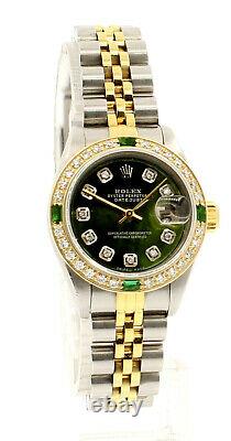 Rolex Oyster Perpetual 18k & Steel Datejust 26mm Green Mop Dial Diamond Watch