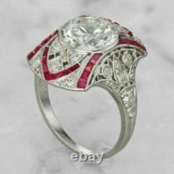 Style Art Déco Bague en argent 925 avec diamant de laboratoire de 3,20 carats et rubis rouge taillé en rond